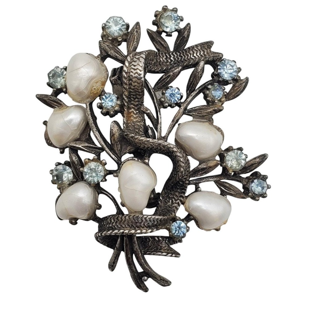 Coro Brooch Baby Tooth Faux Pearl Blue Rhinestone Pin Floral Spray Bouquet Vtg